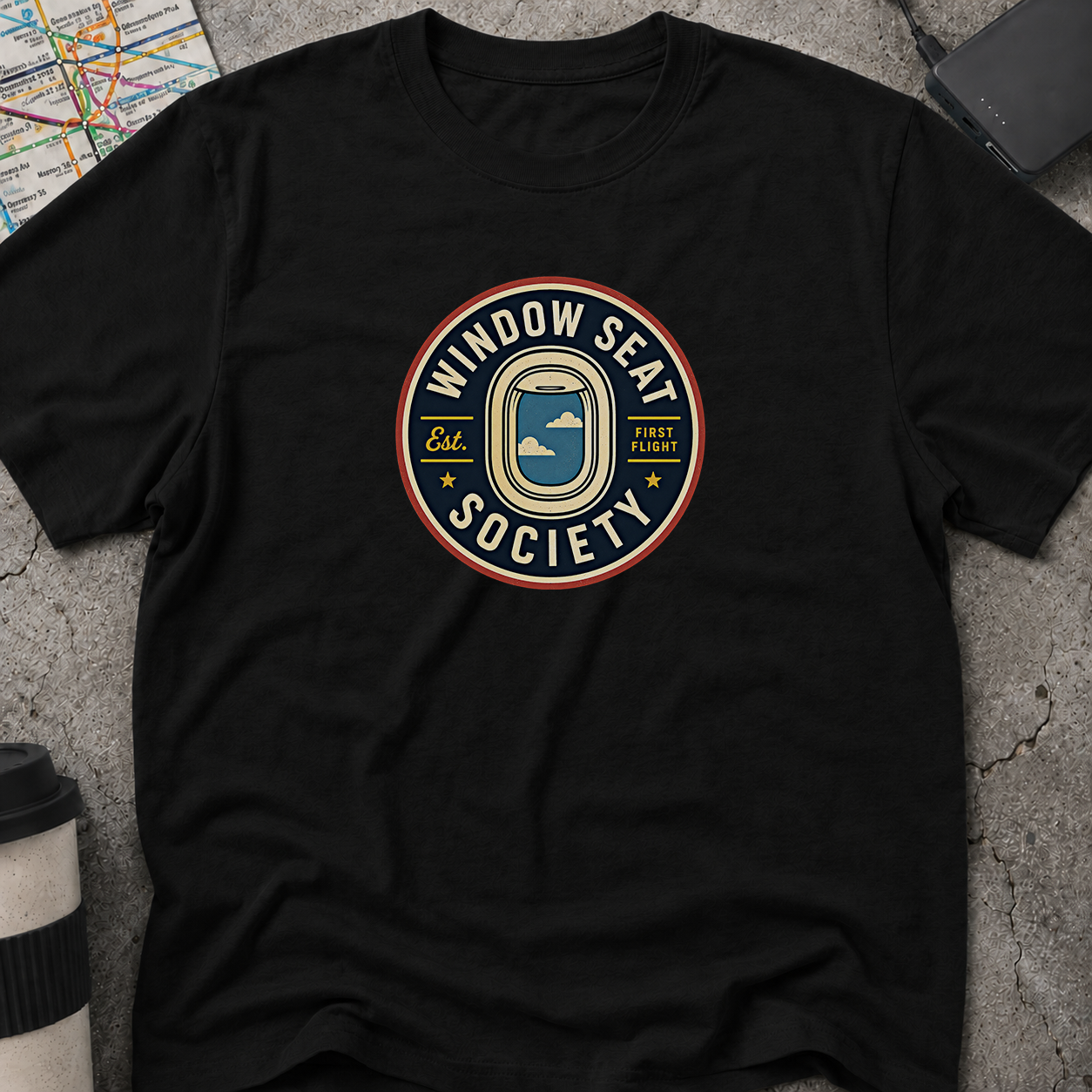 Window Seat Society, Est. Airplane Window Badge T-Shirt
