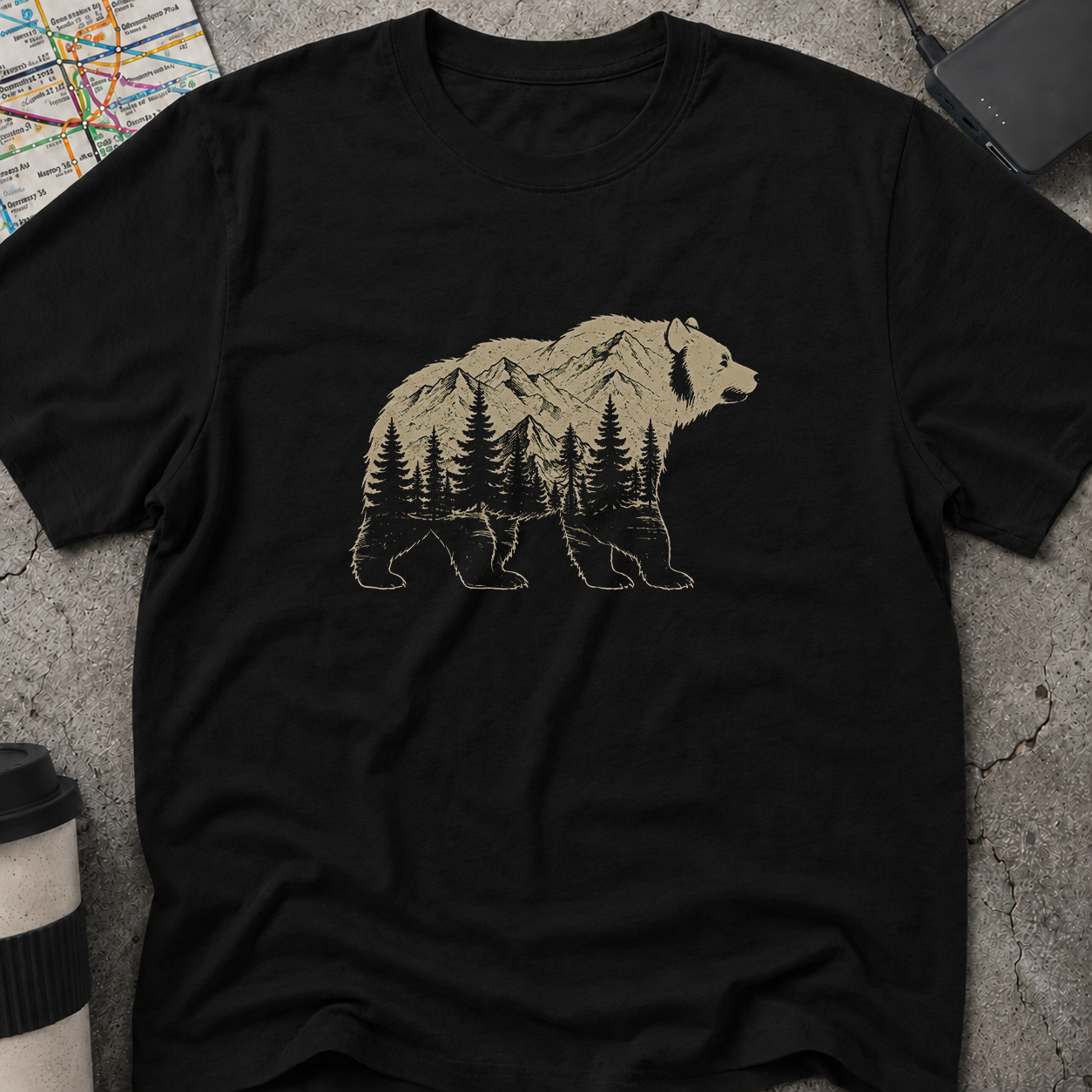 Mountain Forest Bear Double Exposure T-Shirt