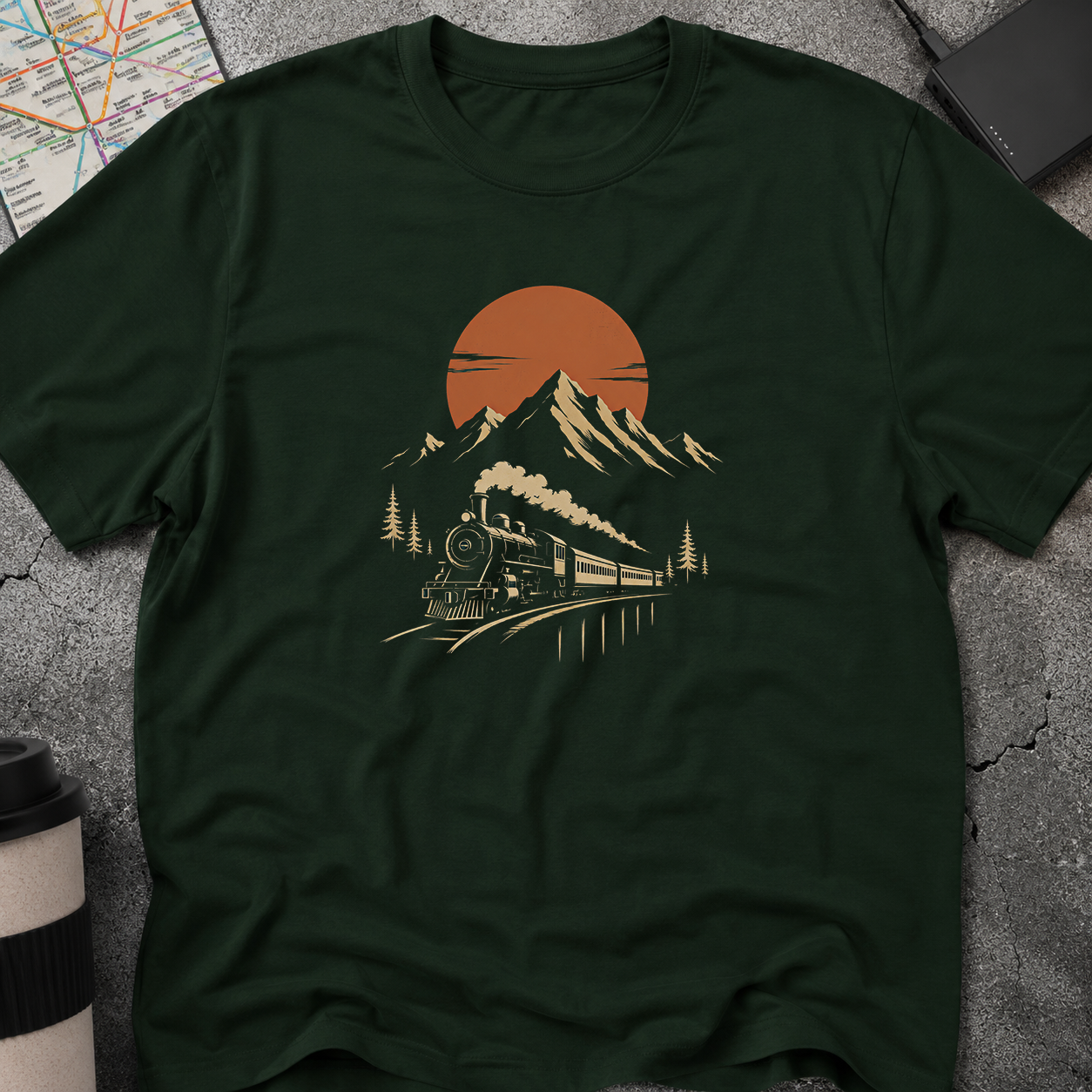 Vintage Steam Train Mountain Sunset T-Shirt