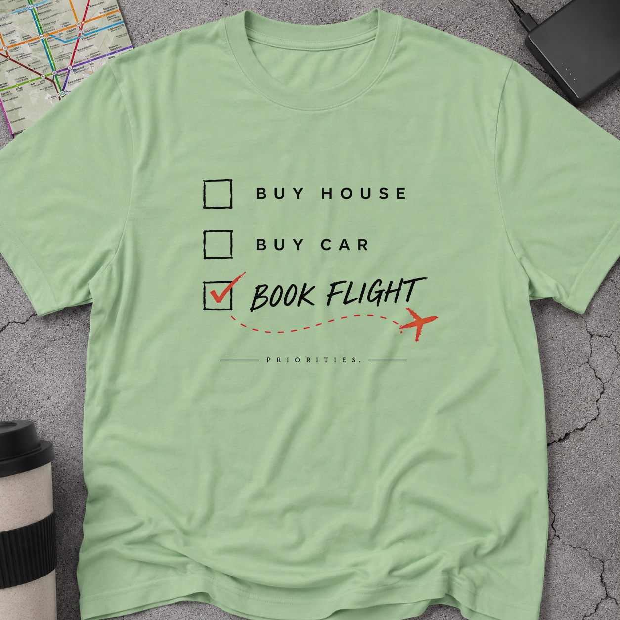 "Book Flight" Travel Priorities Checklist T-Shirt