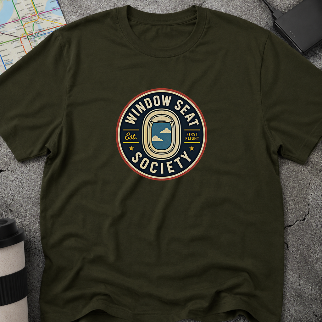 Window Seat Society, Est. Airplane Window Badge T-Shirt
