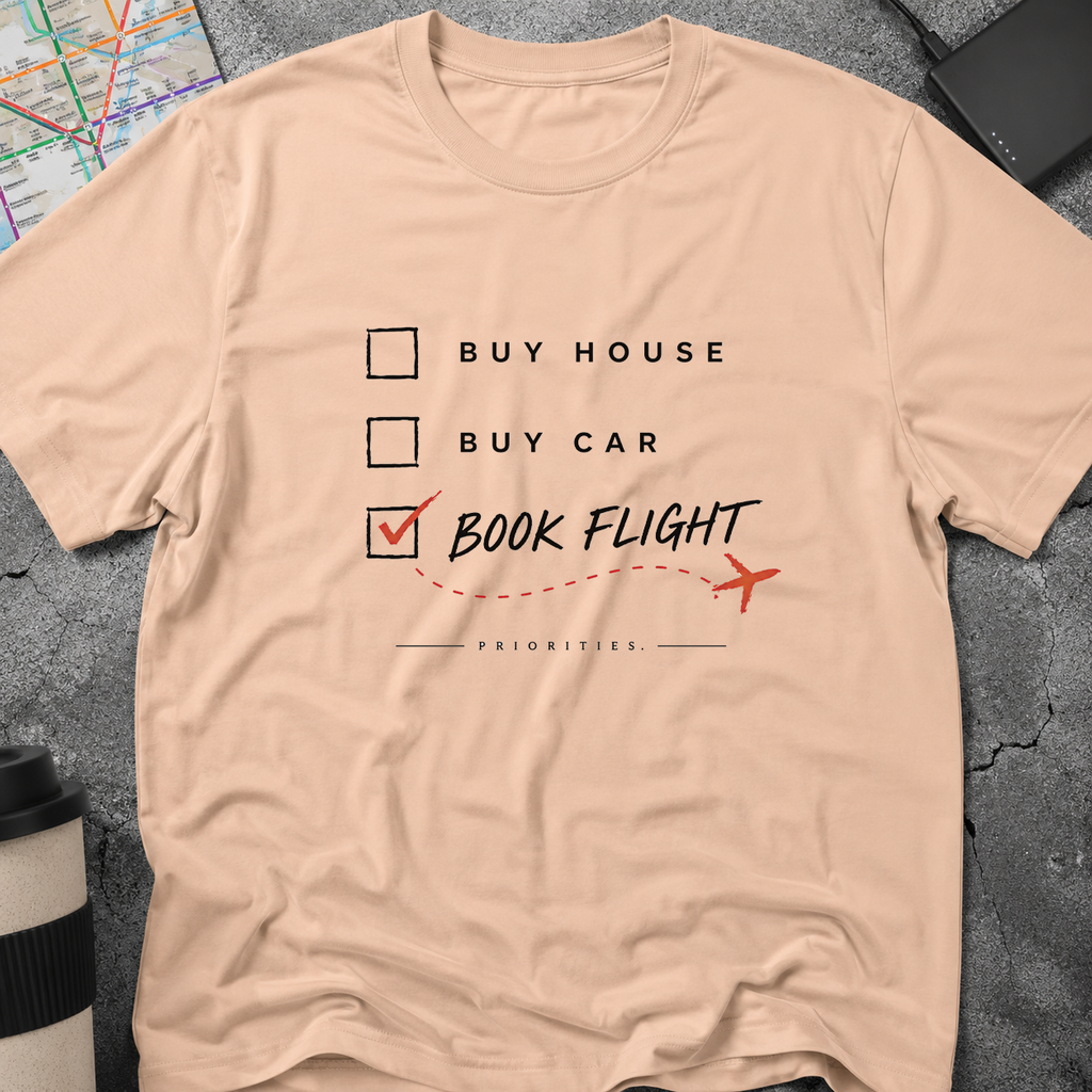"Book Flight" Travel Priorities Checklist T-Shirt
