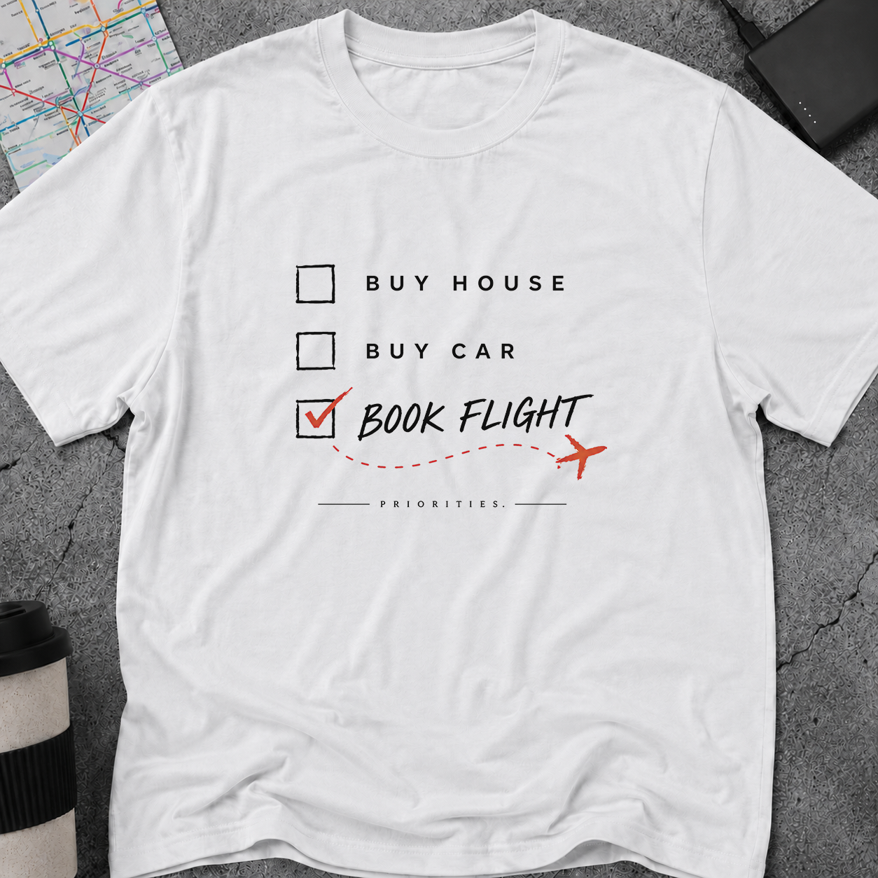 "Book Flight" Travel Priorities Checklist T-Shirt
